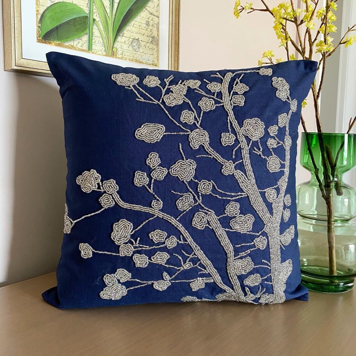 The HomeCentric Cushion Cover for Couch, Navy Blue Decorative Pillowcases 16x16 inch (40x40 cm) Linen Cushion Cover for Sofa, Nature & Floral, Beaded, Contemporary Couch Throw - Silver Magnolia