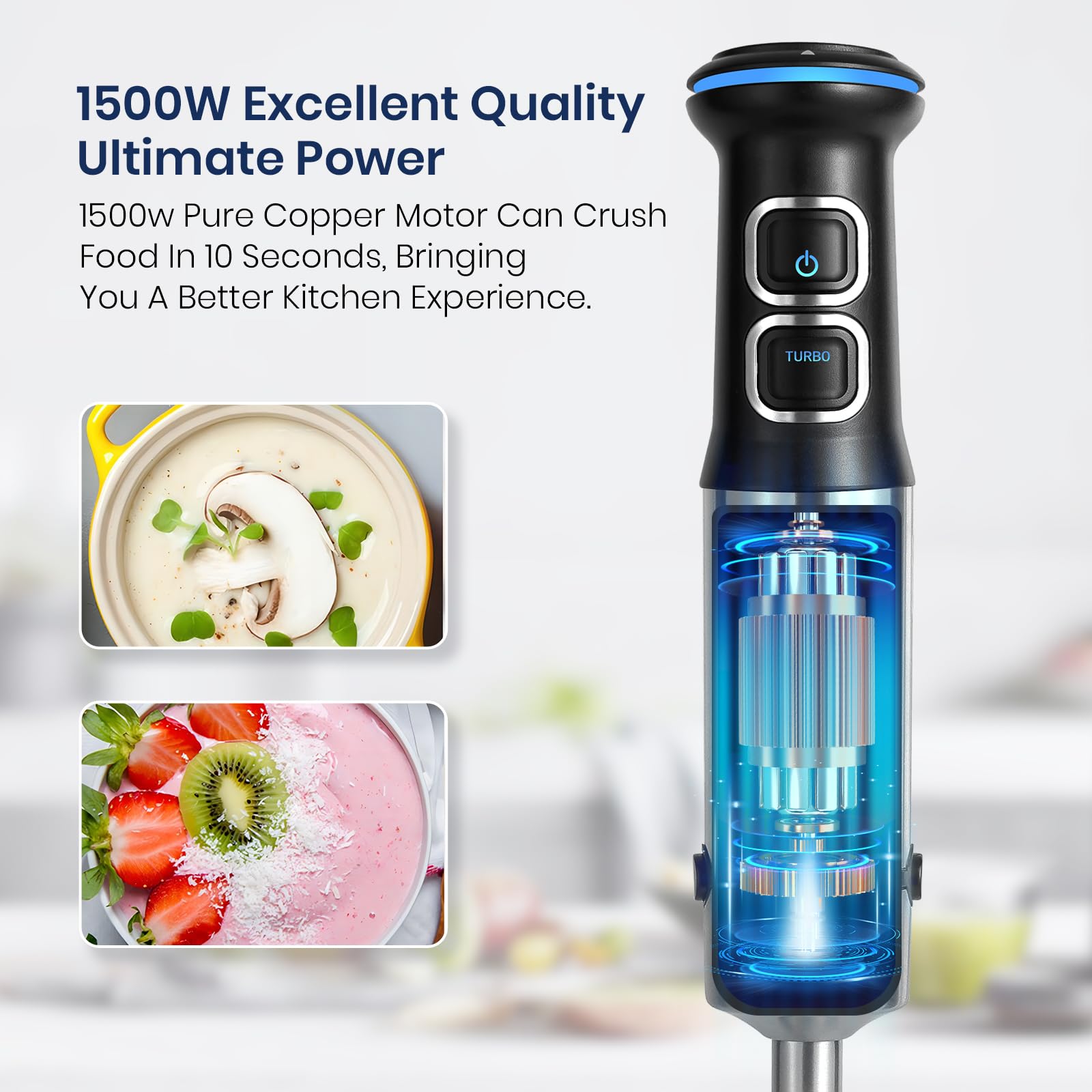 1500W Frullatore a Immersione, Kolohoso 4 in 1 Minipimer in Acciaio Inox, Multifunzione Mixer Immersione 21 Velocità Regolabili, Frullatore con Frusta, 800ml Misurino un 600ml Tritatutto, senza BPA