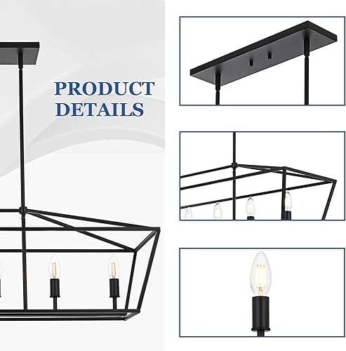 Miniatura 4 de MELUXEM Iluminación negra para isla de cocina, 6 luces, lámpara de araña lineal para comedor y dormitorio, base E12