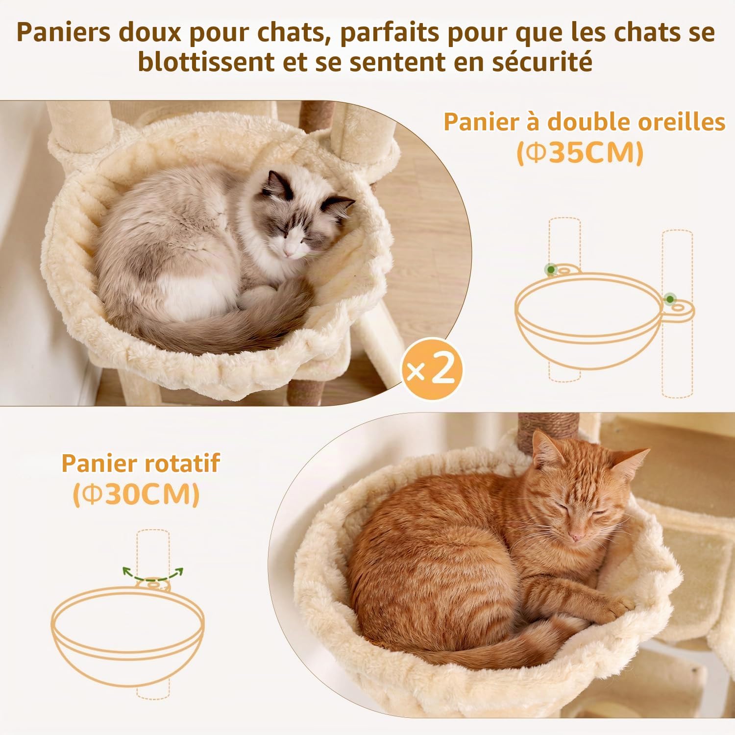Globlazer F78 Arbre à Chat XXL Beige pour Grand Chats 200 cm Arbre a Chat | Multifonction Stable Arbres à Chat avec 2 Immense Niches, Grand Plateformes 3 Panier Planche Sisal, pour Plusieur Chat Adulte