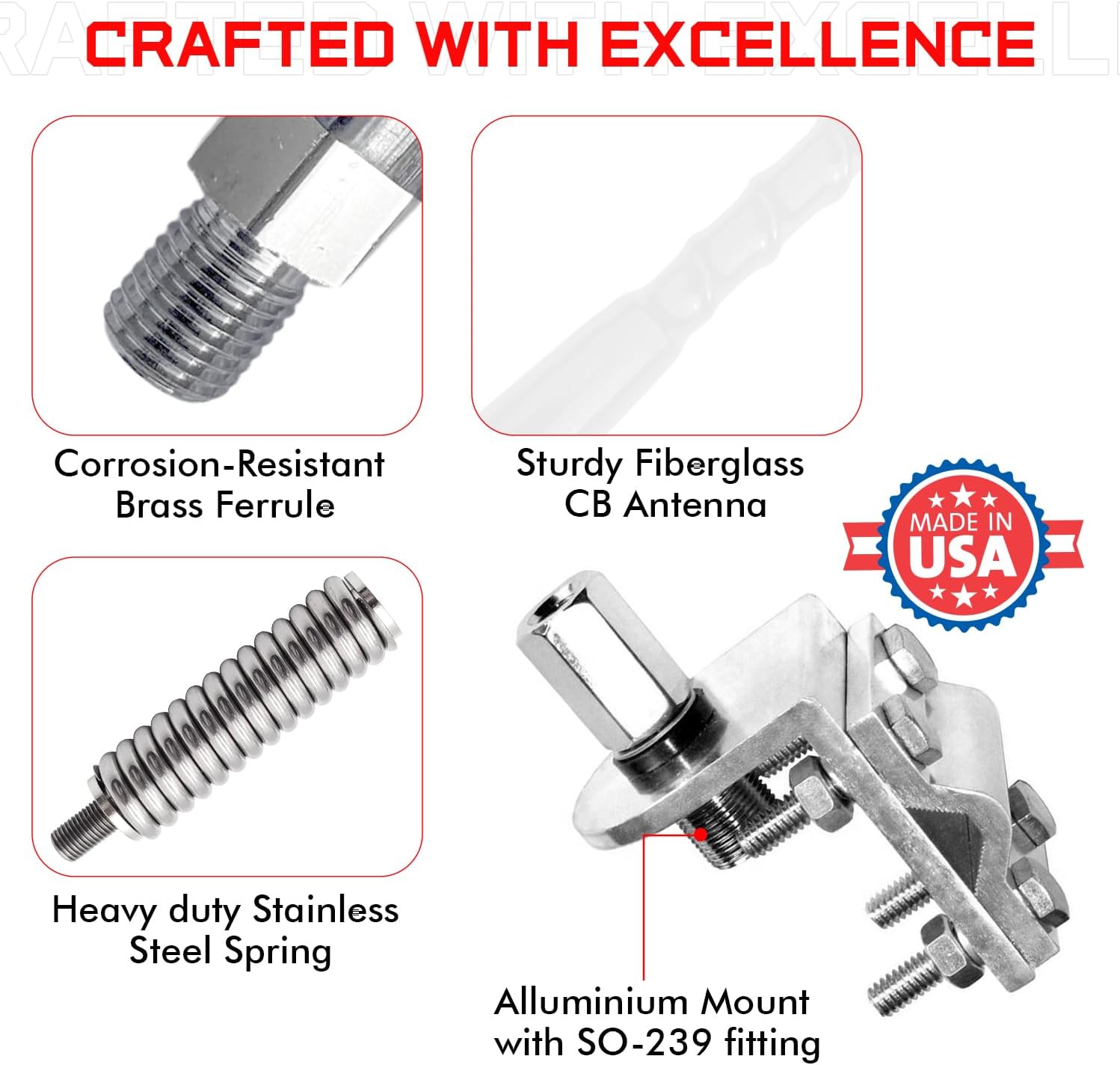 Prostick Fiberglass CB Antenna with Single Groove Mirror Mount & Stainless Steel Spring - 1000 Watt Durable Radio Antenna, Studs, Heavy Duty Springs – 4 Foot Antenna in White Color…