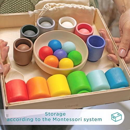 Miniatura 6 de Ulanik Pelotas en tazas Montessori Juguetes para niños de 1 año + niños preescolares juegos de madera a juego para aprender clasificación de colores