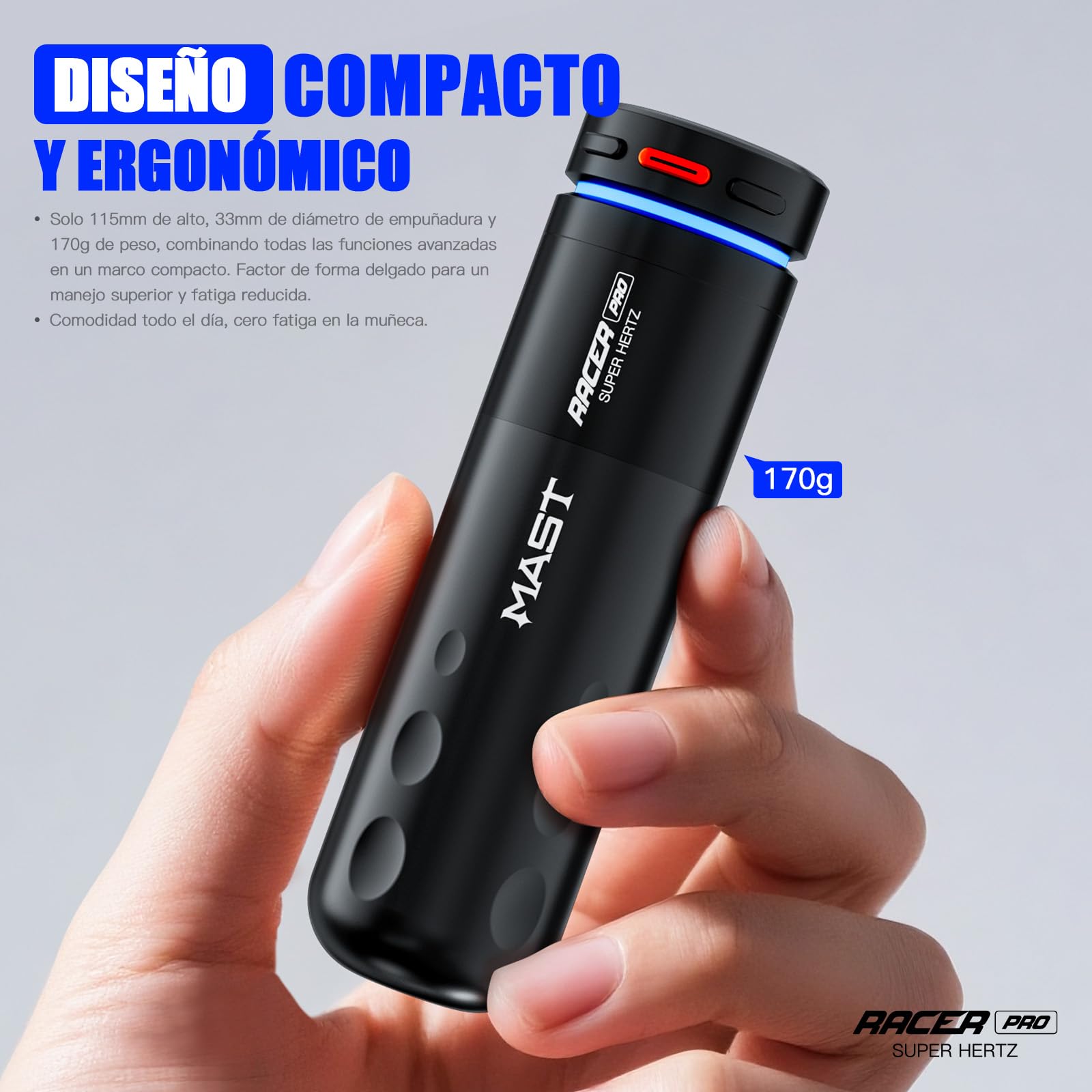 Mast Racer Pro Máquina de Tatuar Rotativa Inalámbrica 3-140Hz Ajustable (Modo Suave/Fuerte) con Batería 1520mAh & Motor Mcore-Pro Profesional Tattoo Machine Pen