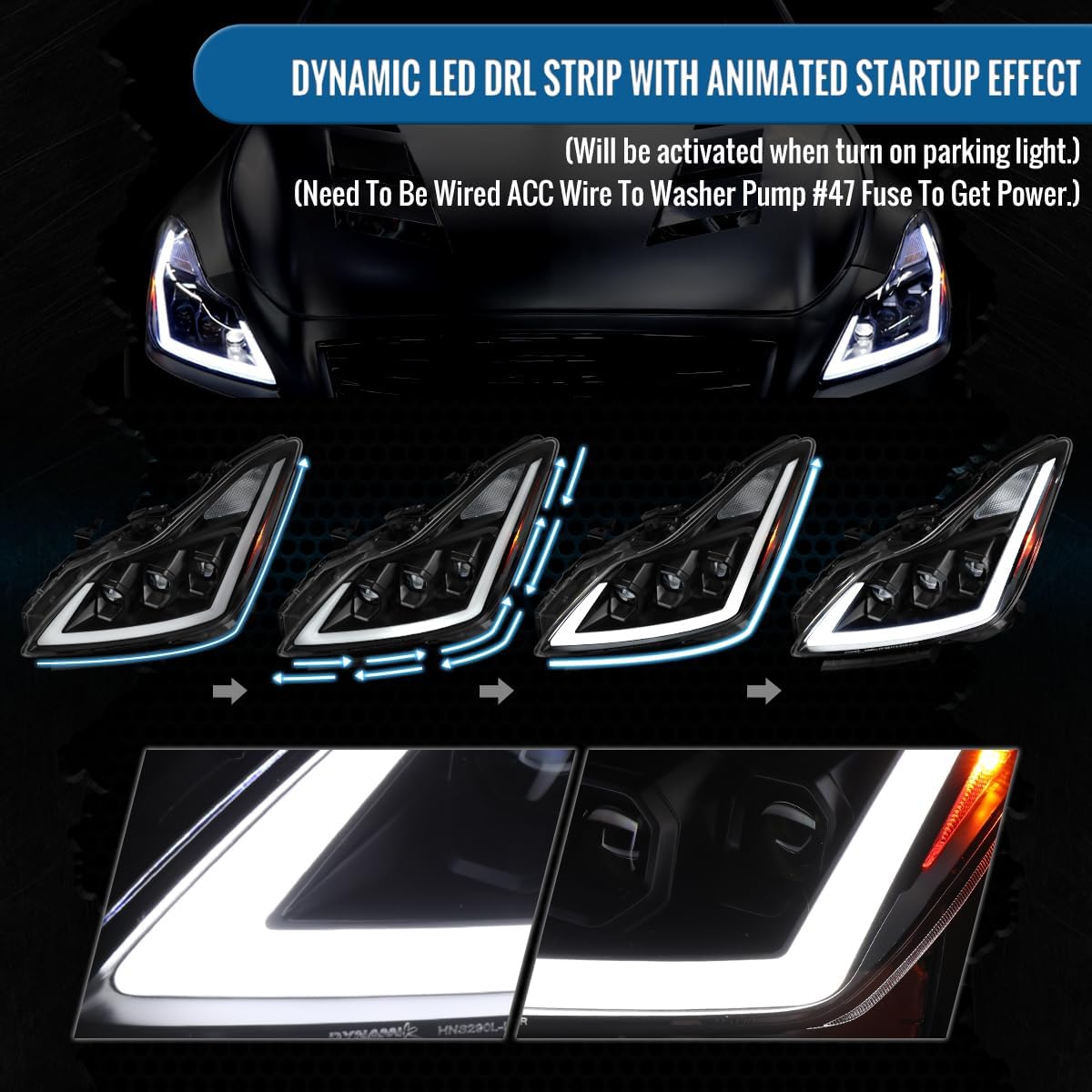 Ronnin - Fits 2008-2013 Infiniti G37 2014-2015 Q60 Coupe Triple Projector LED Headlights Switchback Sequential Signals DRL + Animated Startup Effect Assembly Pair | Black