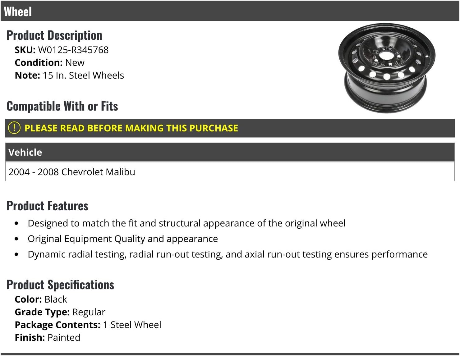Marketplace Auto Parts Steel Wheel - Black - 15 Inch - Compatible with 2004-2008 Chevy Malibu