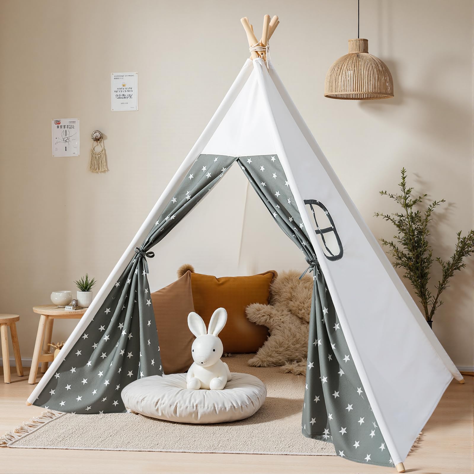 Senodeer Kids Teepee Tent with Grey Stars for Indoor Outdoor Play