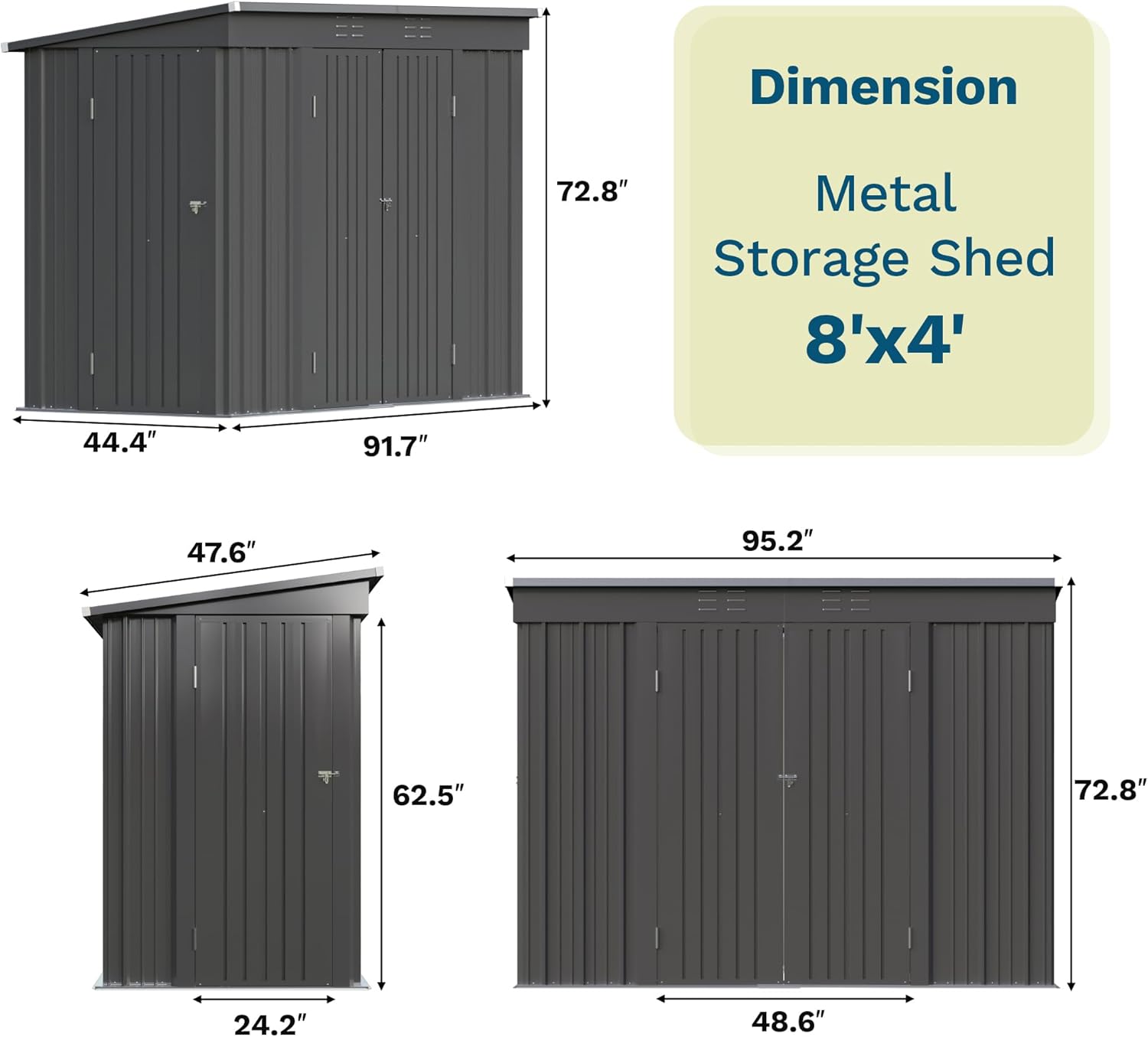 Patiowell 8x4 FT Outdoor Storage Shed, Heavy Duty Tool Metal Sheds with 3 Lockable Doors and Updated Frame Structure for Garden, Backyard, Patio, and Utility Storage, Black