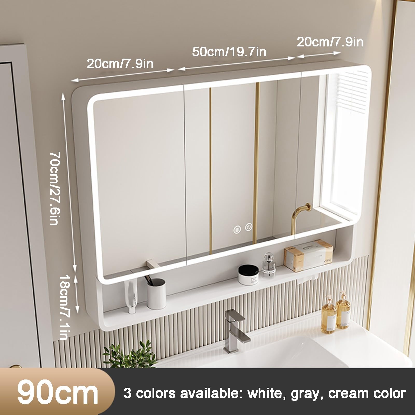 LED-Badezimmer-Spiegelschrank mit Stauraum, wandmontierter Kosmetikspiegel mit Regalen, stilvoller Medizinschrank für Badezimmer (B 80 x H 87 cm)