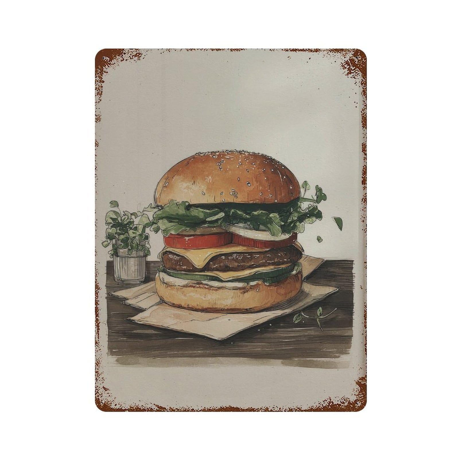 xiaoxiaoshen Food Handdrawn Burger Illustration on Matte Paper Wall Decor Art Metal Tin Poster Modern Home Decor Art Home Bar Shop Decorations Vintage Sign 40x30cm