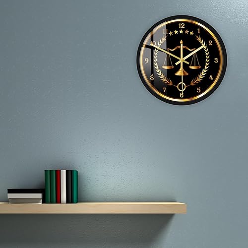 Miniatura 6 de Scale of Justice - Reloj redondo con marco de metal, funciona con pilas, de cuarzo, sin tictac, marco de aluminio negro, reloj de pared para