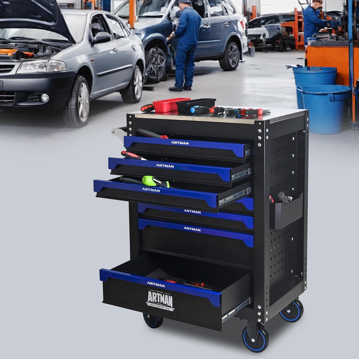 30 inch 7-Drawer Rolling Tool Chest with Wheels,Stainless Steel Countertop Heavy Duty Tool Cart,Locking System, Rolling Cabinet for Garage Warehouses,Repair Shops,Requires Assembly (Black&Blue)