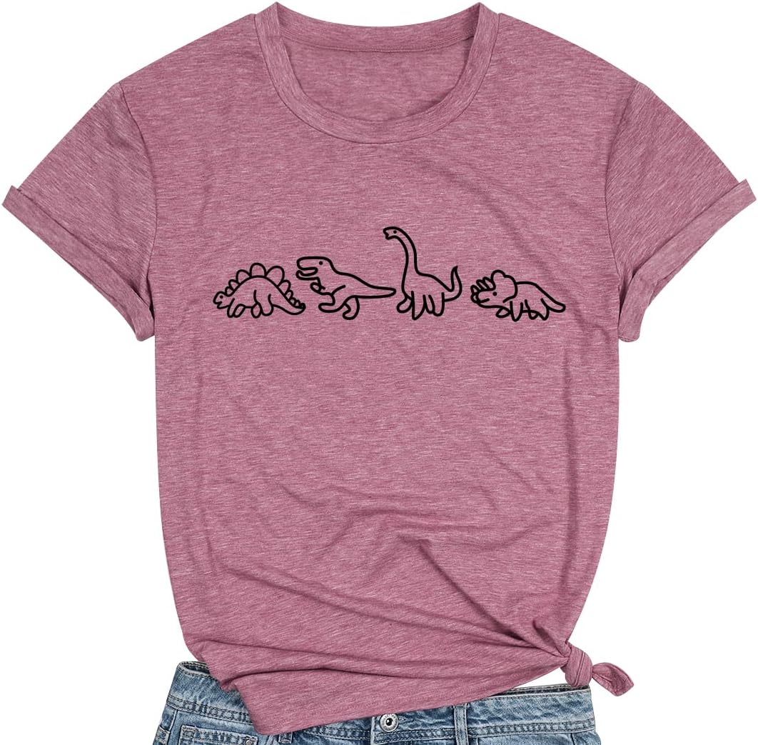 Women Cute Dinosaurs Graphic Tees Girls Short Sleeve Casual Crew Neck Tshirt Tops - Image 3