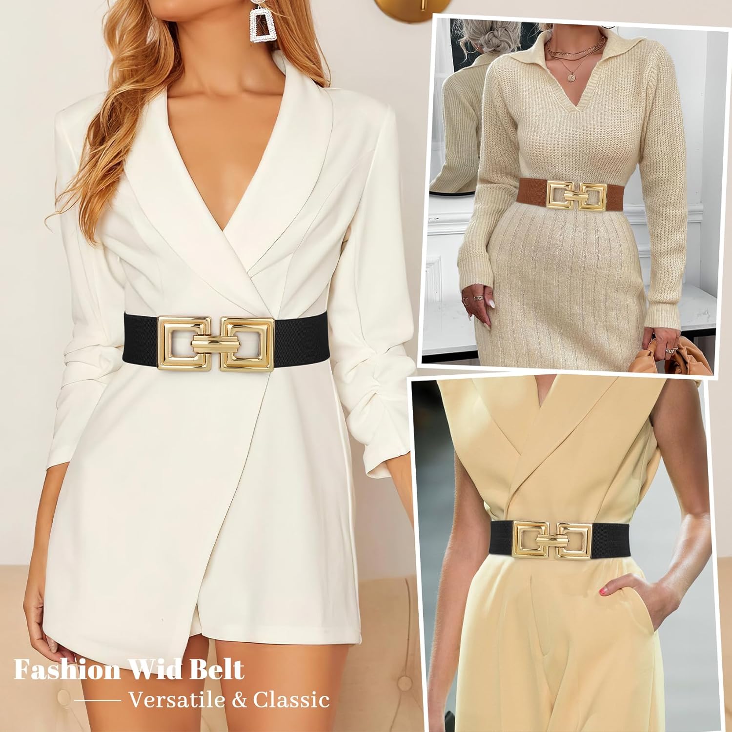 WHIPPY Women Wide Elastic Waist Belt Fashion Hollow Out Square Gold Buckle Stretchy Belt Waistband for Ladies - Image 4