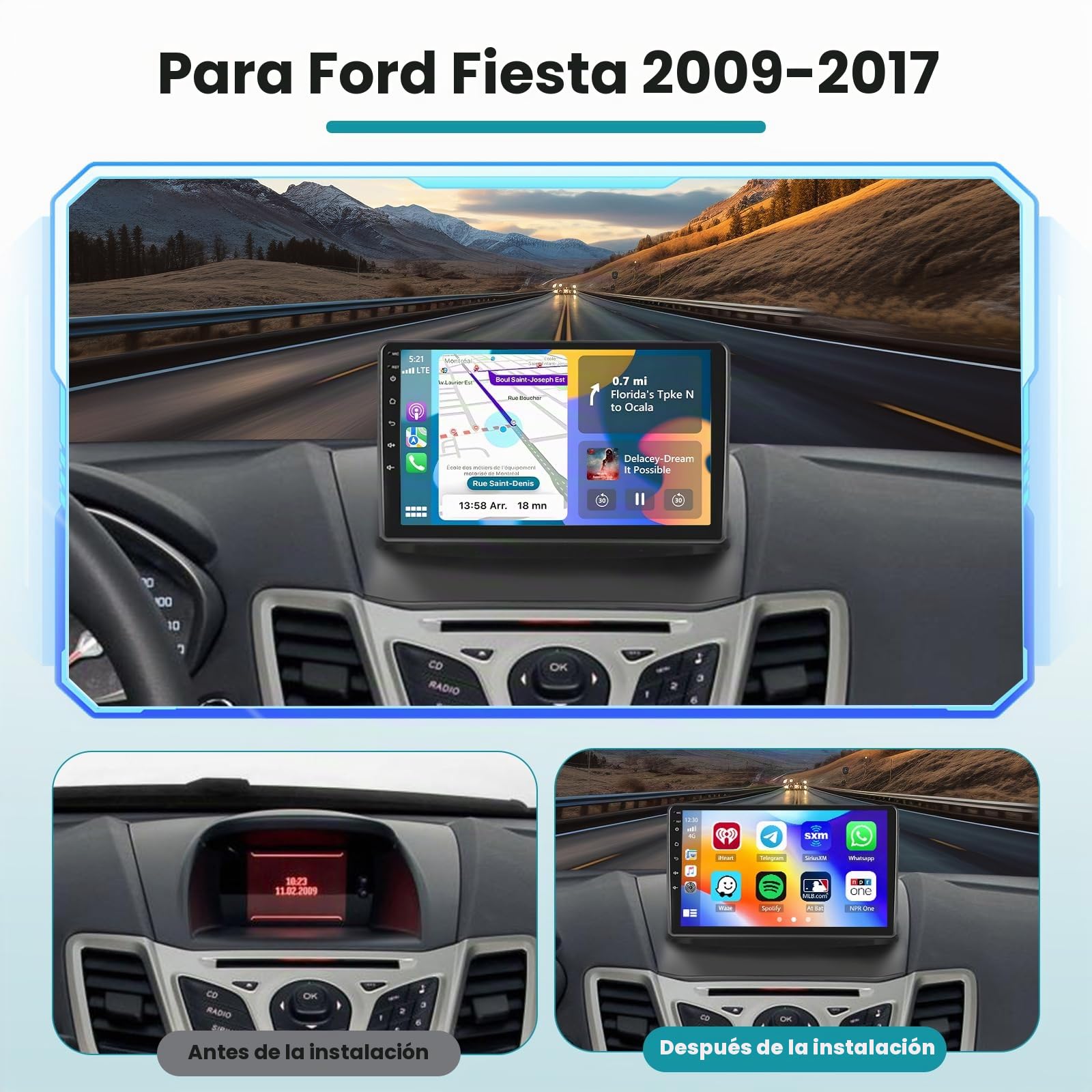Hikity 2+64GB Android Radio para Ford Fiesta 2009-2017 Soporta Wireless CarPlay Android Auto, 9 Pulgadas Pantalla Táctil Estéreo Bluetooth Radio con WiFi GPS EQ FM/RDS SWC Cámara de Visión Trasera