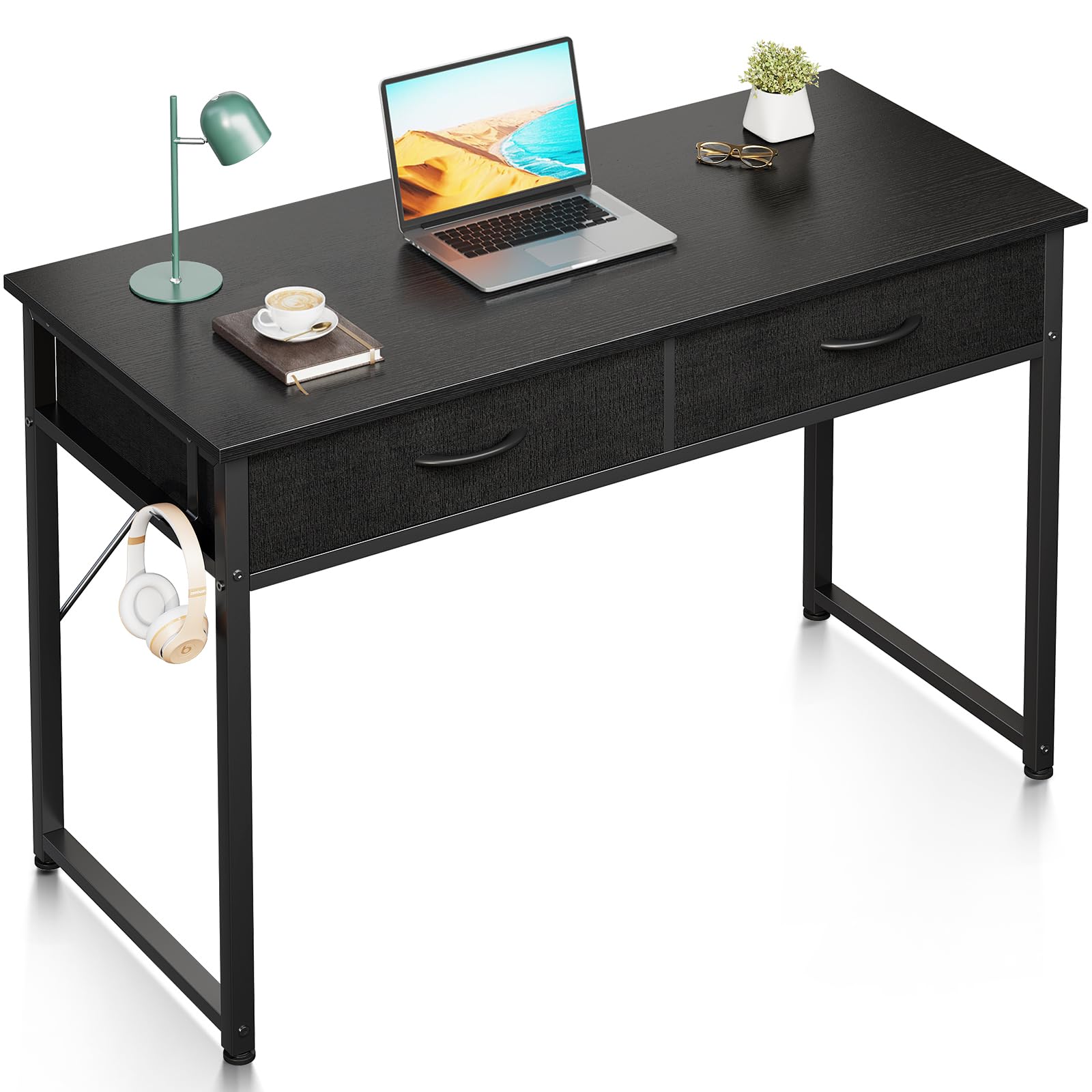 ODK 40 Inch Small Desk with Fabric Drawers- for Bedroom, Black Study Desk with Storage, Home Office Computer Desk for Small Spaces, Modern Work Writing Kids Table, Black