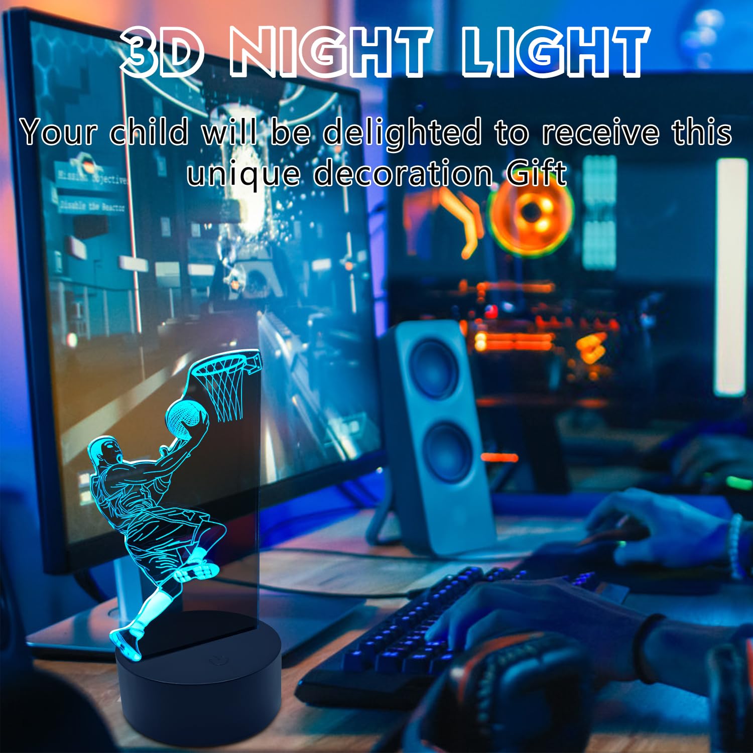 AIRUEEK Luce Notturna da Basket per Bambini, Lampada da Illusione 3D LED, Telecomando 16 Cambia Colore Dimmerabile, Regali Ragazzi Arredamento Camera da Letto, in ABS
