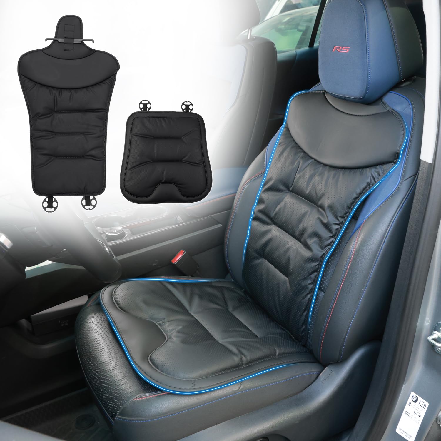 Virauto シートカバー 車用 座面+背もたれ 前席 汎用 クッション 軽自動車〜普通車対応 PUレザー 防水 通気性 座布団 汚れ防止 滑り止め 固定フック付き 運転席 助手席 シート保護 内装 カーパーツ ブラック 2枚セット