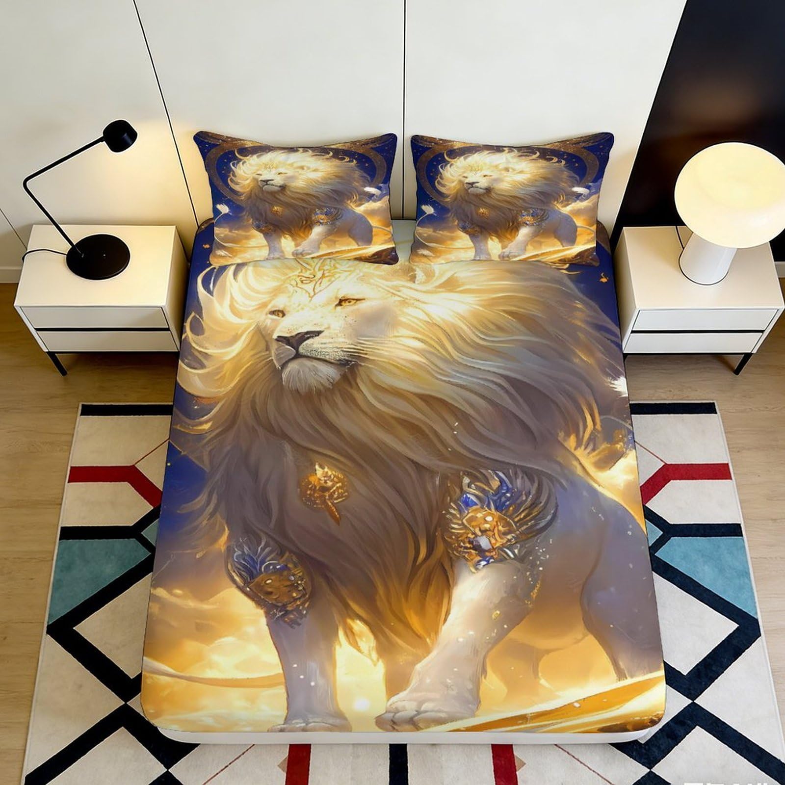 3D Printed Majestic Lion Fitted Sheet Microfiber Soft Durable Golden Mane Bed Cover for Bedroom Dormitory Guest Room Mattress Protection Decor 120x200x25cm
