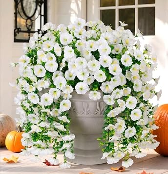 Artificial Faux Hanging Flowers Plants for Outdoor Decor,2 PCS Fake Silk Morning Glory with Eucalyptus UV Resistant Realistic Trailing Vines for Wall Home Porch Patio Balcony Yard Indoor Decor,White