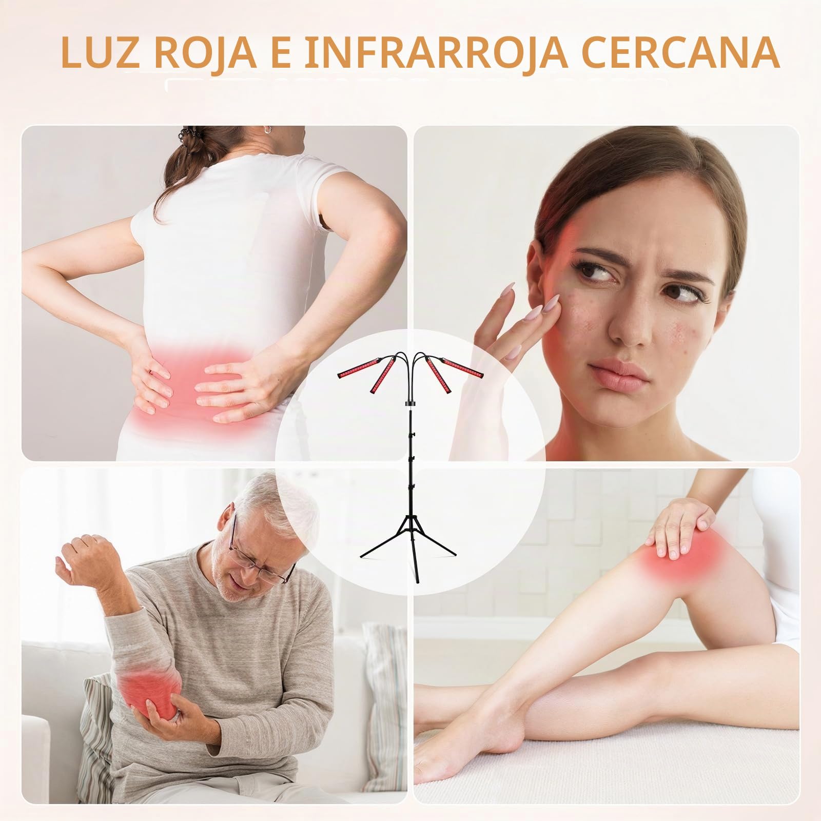 Hottoerak Lámpara de luz roja con soporte, 660nm & 850nm infrarrojos, 4 cabezales ajustables, 180 LED con temporizador y cuello flexible | Lámpara infrarroja de 32 W con temporizador de 10/20/30 min, cuello de cisne flexible y diseño plegable de altura aj
