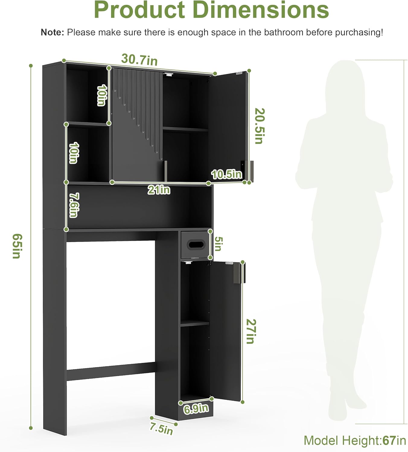GOODONE Black Over The Toilet Storage Cabinet - with 3 Doors and Toilet Paper Holder Stand, FreeStanding, for Bathroom, Restroom, Laundry