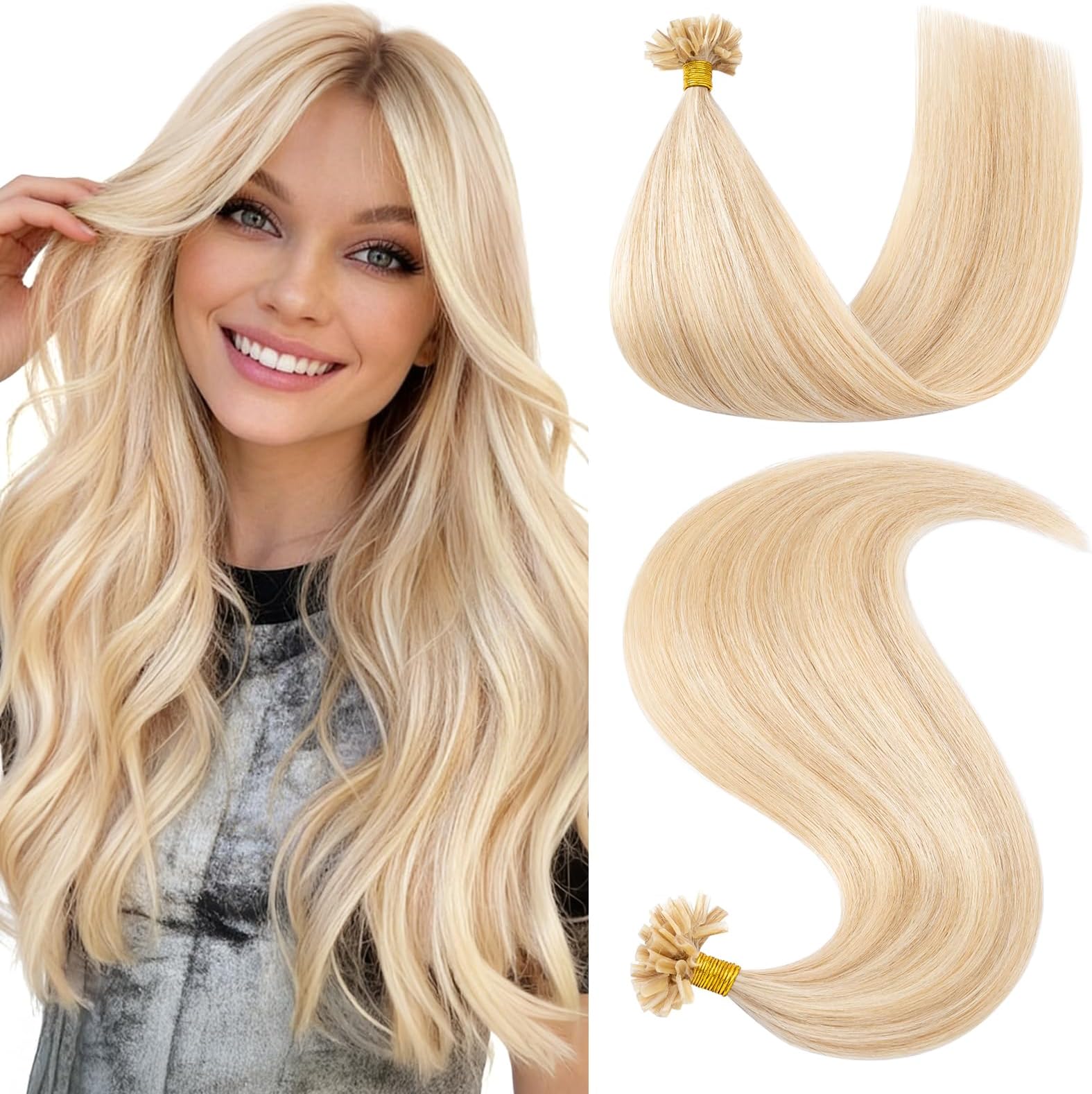 Hairro U Tip Hair Extensions Human Hair Pre Bonded Hot Fusion Keratin Nail Tipped Utips Ktip For Women 20 inch 25g 25 Strands #18RP613R Ash Blonde&Bleach Blonde
