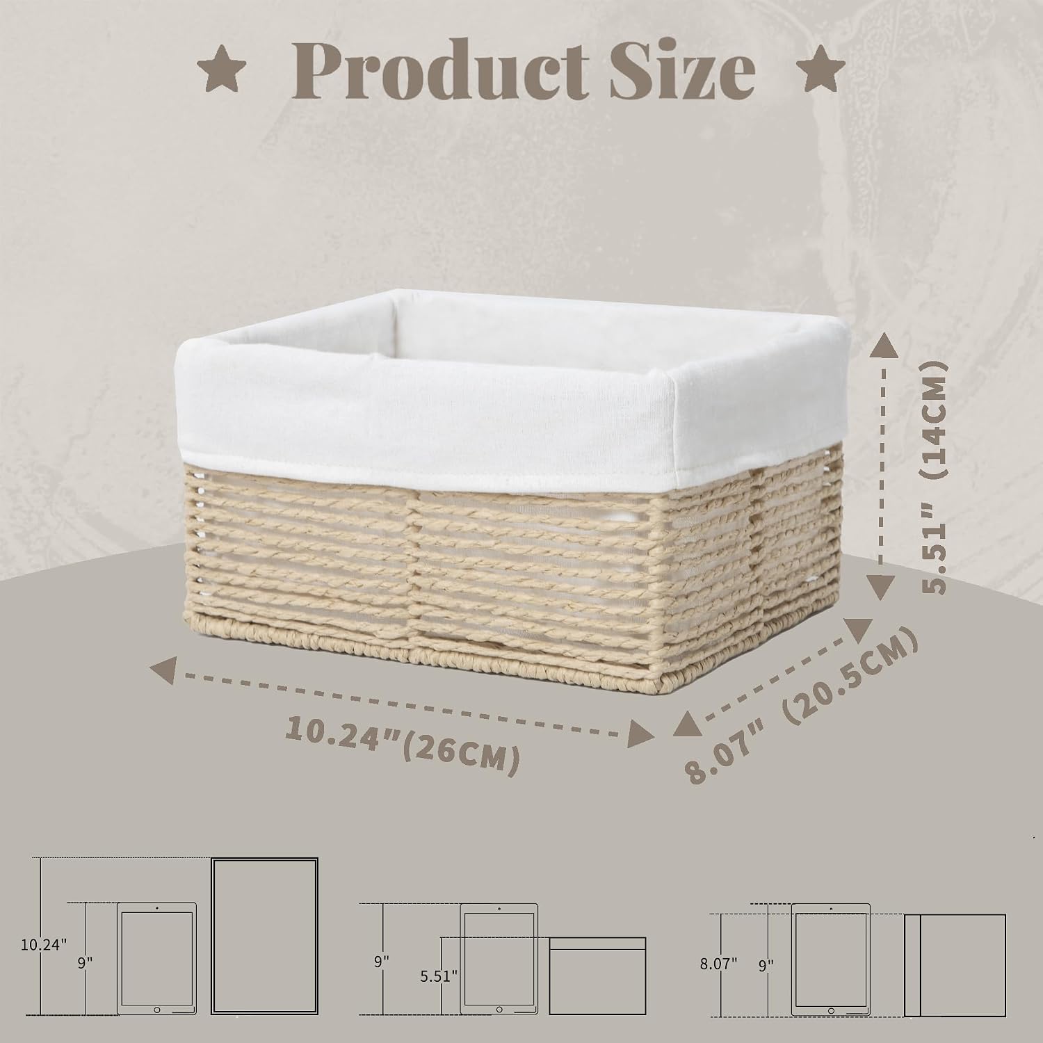 GYASVWU Hand-Woven Paper Rope Storage Baskets,Rectangular Wicker Baskets for Organizing,Decorative Woven Basket for Storage,Shelf Basket for Living Room,Storage Baskets for Pantry (Beige - Small)