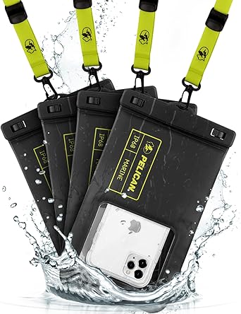 Pelican 4 Pack Marine - IP68 Waterproof Phone Pouch XL Size Floating Waterproof Phone Case - Beach Cruise Ship Travel Essentials - Works with All Phones - Detachable Lanyard - Black/Hi-Vis Yellow