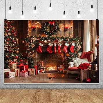 Christmas Fireplace Backdrop 7X5ft Vintage Xmas Tree Sock Photography Background for Kids Family Portrait Party Decorations Studio Photo Booth Props