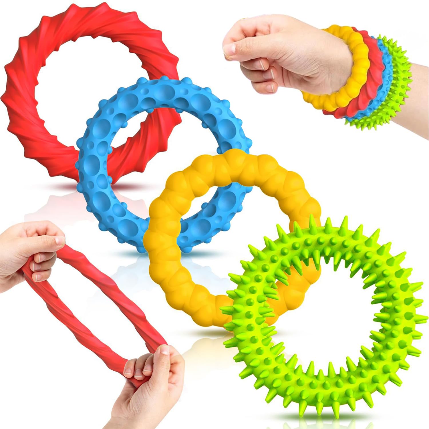 Spiritzohic 4 Pack Silicone Fidget Bracelets, Flexible Stretch Wristbands, Stress & Anxiety Relief Sensory Toy for ADHD Autism, Teens & Adults in Yellow, Green, Red and Blue
