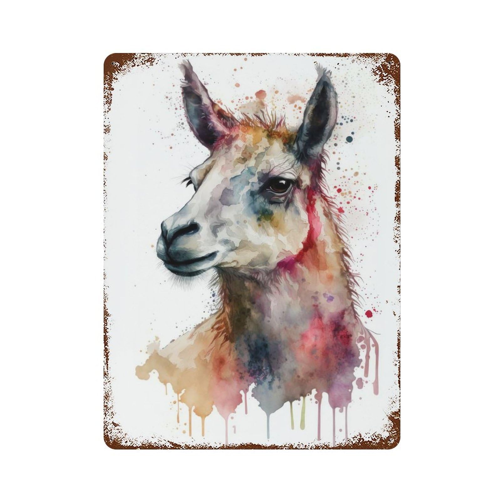 A Llama Watercolor Design Rust Effect Tin Sign 15.7"x11.8", Ideal for Farmhouse, Kitchen And Entryway Decor