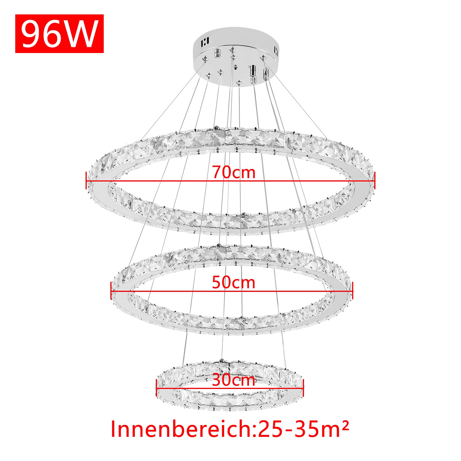 UISEBRT 96W Lampada a Sospensione Moderna Cristallo - Lampadario Creativo Regolabile in Altezza Lampada da Soffitto Tre anelli Cucina Salotto Camera da letto, Dimmerabile