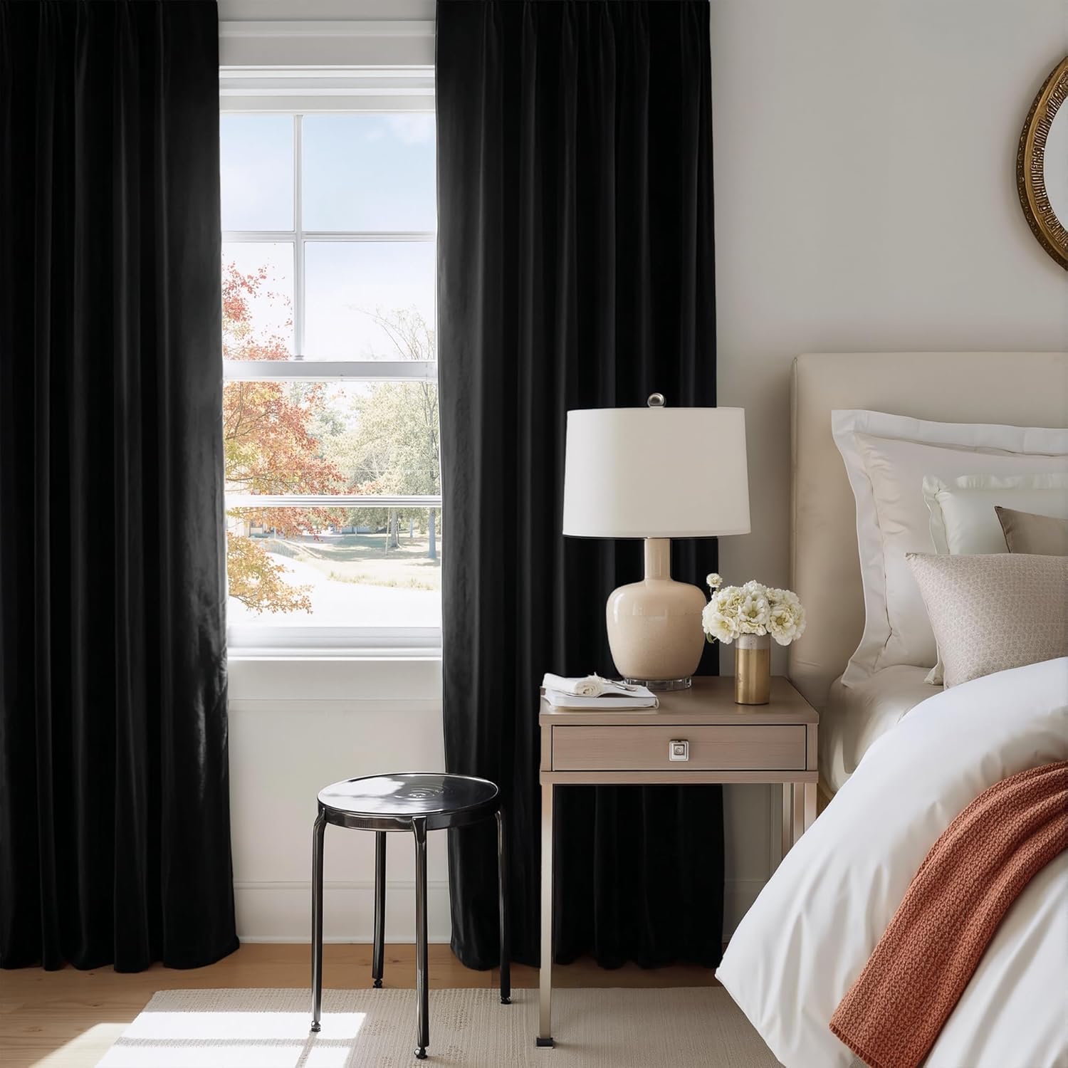 NICETOWN Gold Curtain Rod with Blackout Velvet Curtain Bundle (96 inch), Adjustable 2-in-1 Window Treatment Set for Bedroom