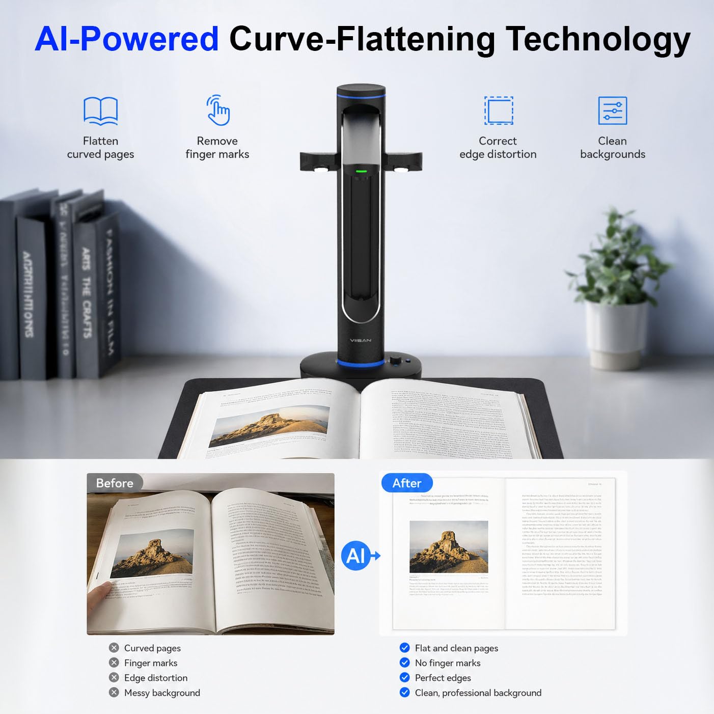VIISAN S48 Duo - Scanner professionale A2/A3, doppio sensore CMOS da 48 MP, 600 DPI, levigatura automatica della piega del libro, riconoscimento esterno OCR, illuminazione a LED, compatibile con