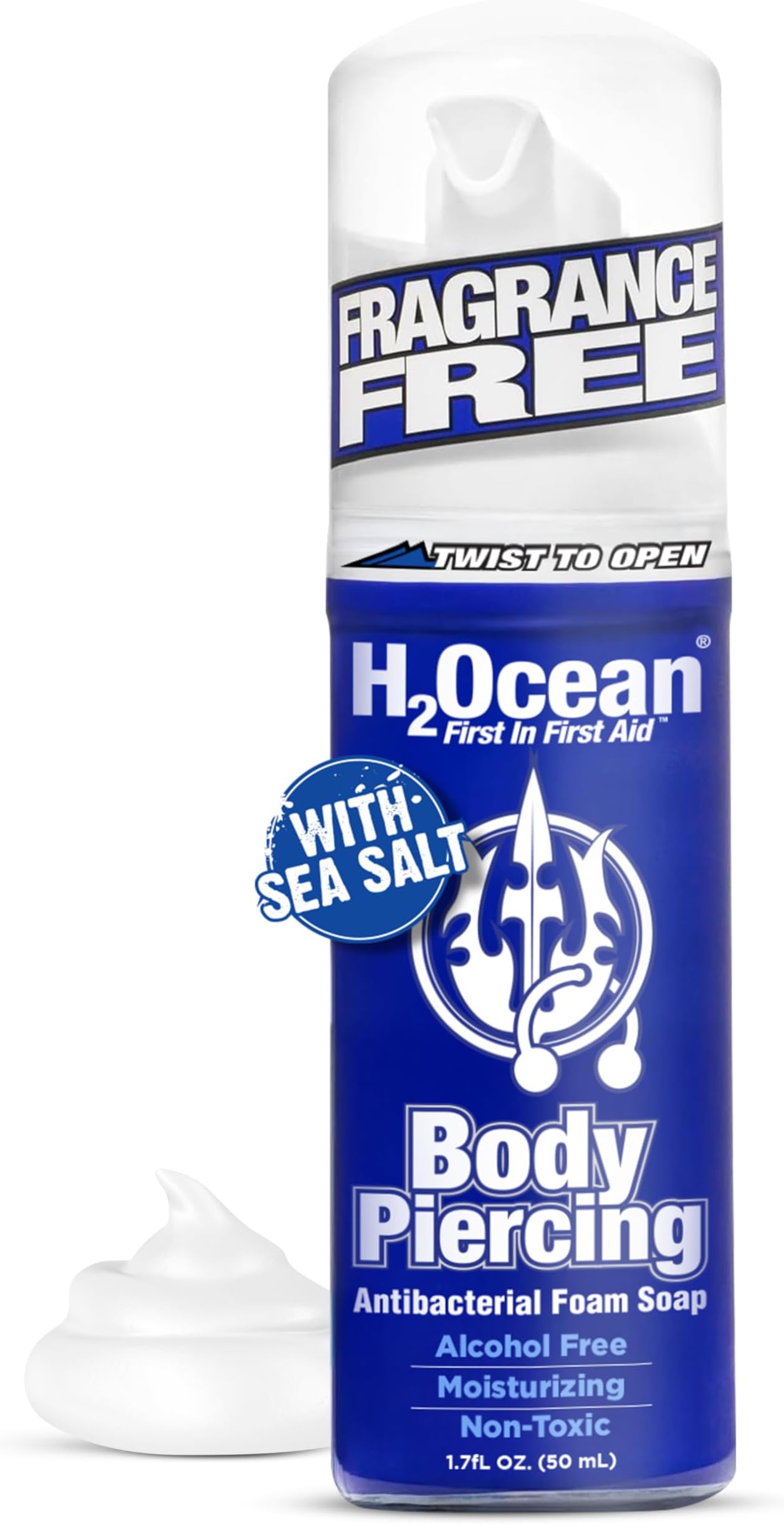 H2Ocean Body Piercing Foam Soap - Organic Sea Salt Aftercare with Aloe Vera, Alcohol-Free, Unscented, Vegan & Gentle Cleansing Tattoo and Piercing Soap for Healing & Moisturizing - 1.7oz