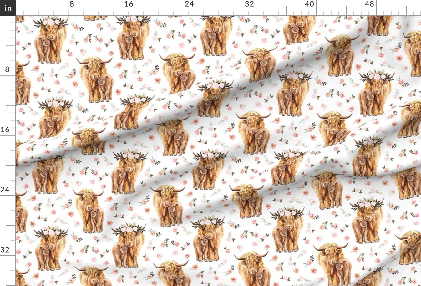Spoonflower Fabric - Floral Highland Cow Scottish Cattle Spring Flowers Baby Nursery Pink Printed on Organic Cotton Sateen Fabric by The Yard - Sewing Quilting Apparel Home Decor