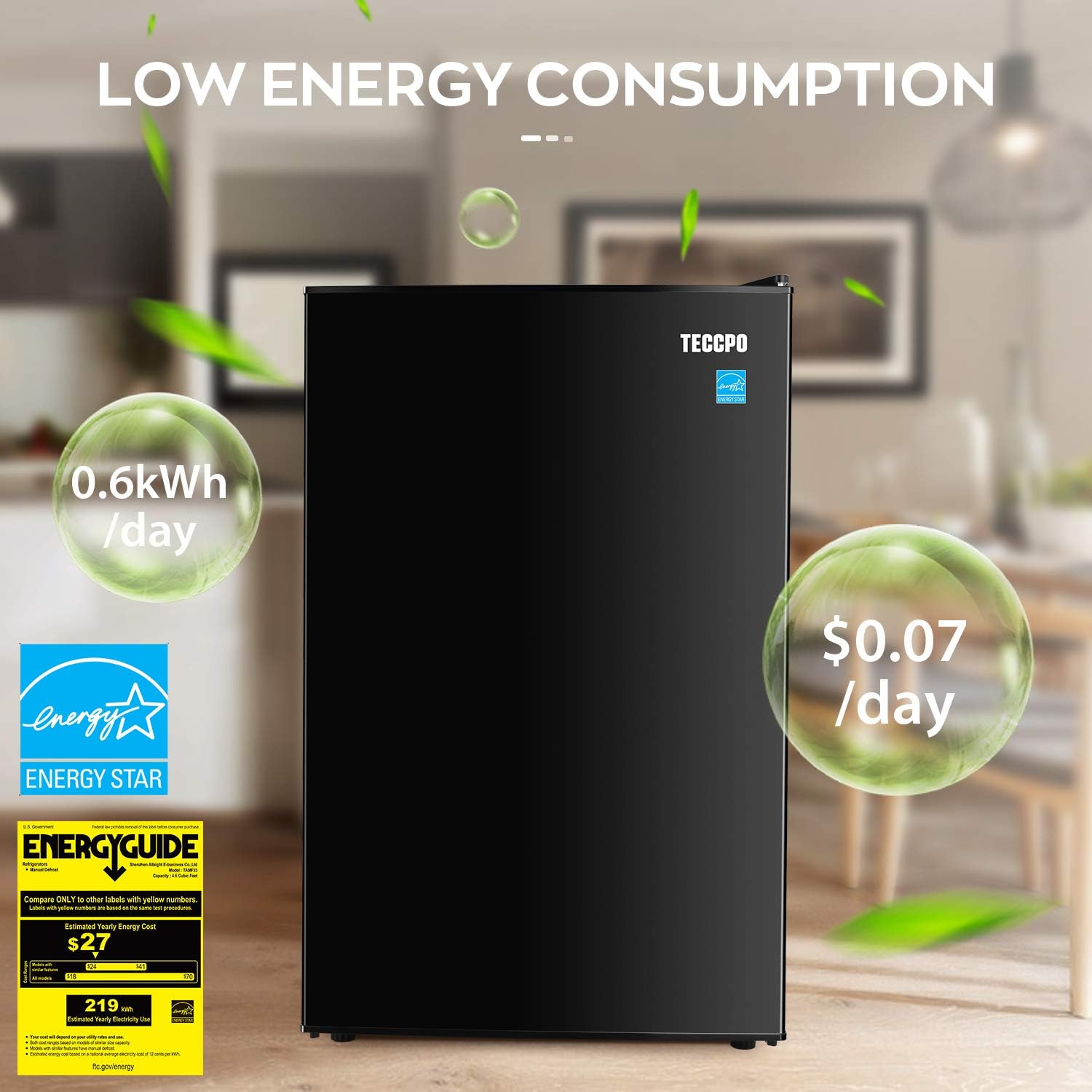 TECCPO Mini Fridge TAMF33, 4.5 Cu.Ft Mini Fridge with Freezer, Energy Star, Auto Defrost, Super Quiet, Small Refrigerator for Dorm, Bedroom