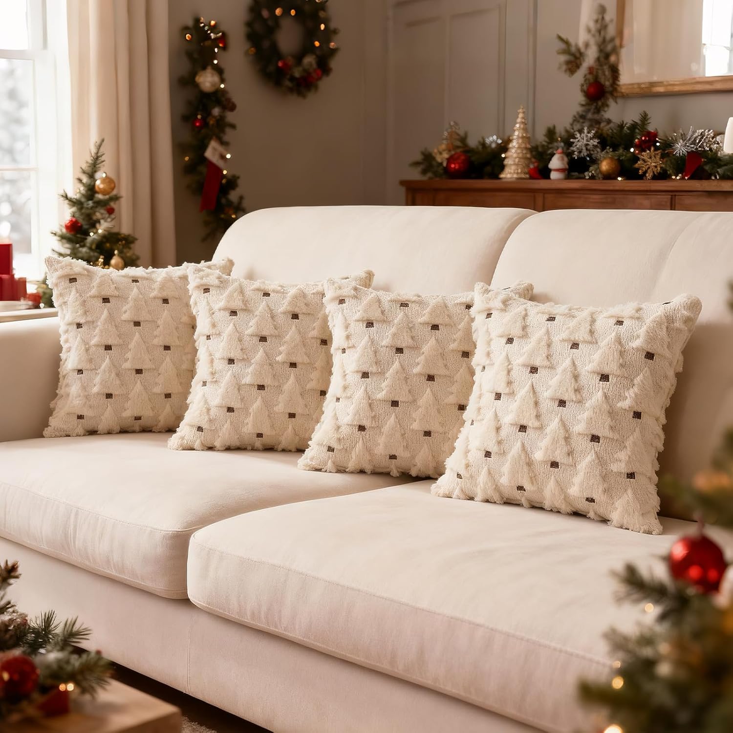 Christmas Throw Pillow Covers 20x20 inch Set of 4, Beige Xmas Tree Holiday Winter Living Room Soft Fluffy Plush Faux Fur Wool Decorations for Sofa Couch Bed