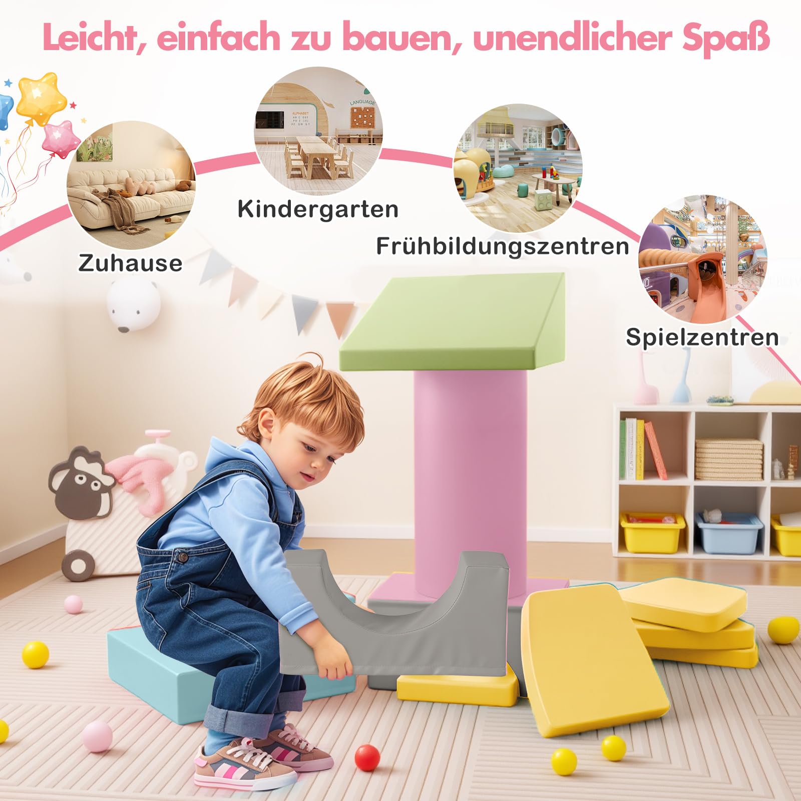 COSTWAY 10 TLG. Schaumstoff Bausteine, Softbausteine weich zum Klettern & Rutschen, Riesenbausteine aus PU, Großbausteine Kletterblöcke Indoor für Kinder ab 1 Jahr (Macaron)