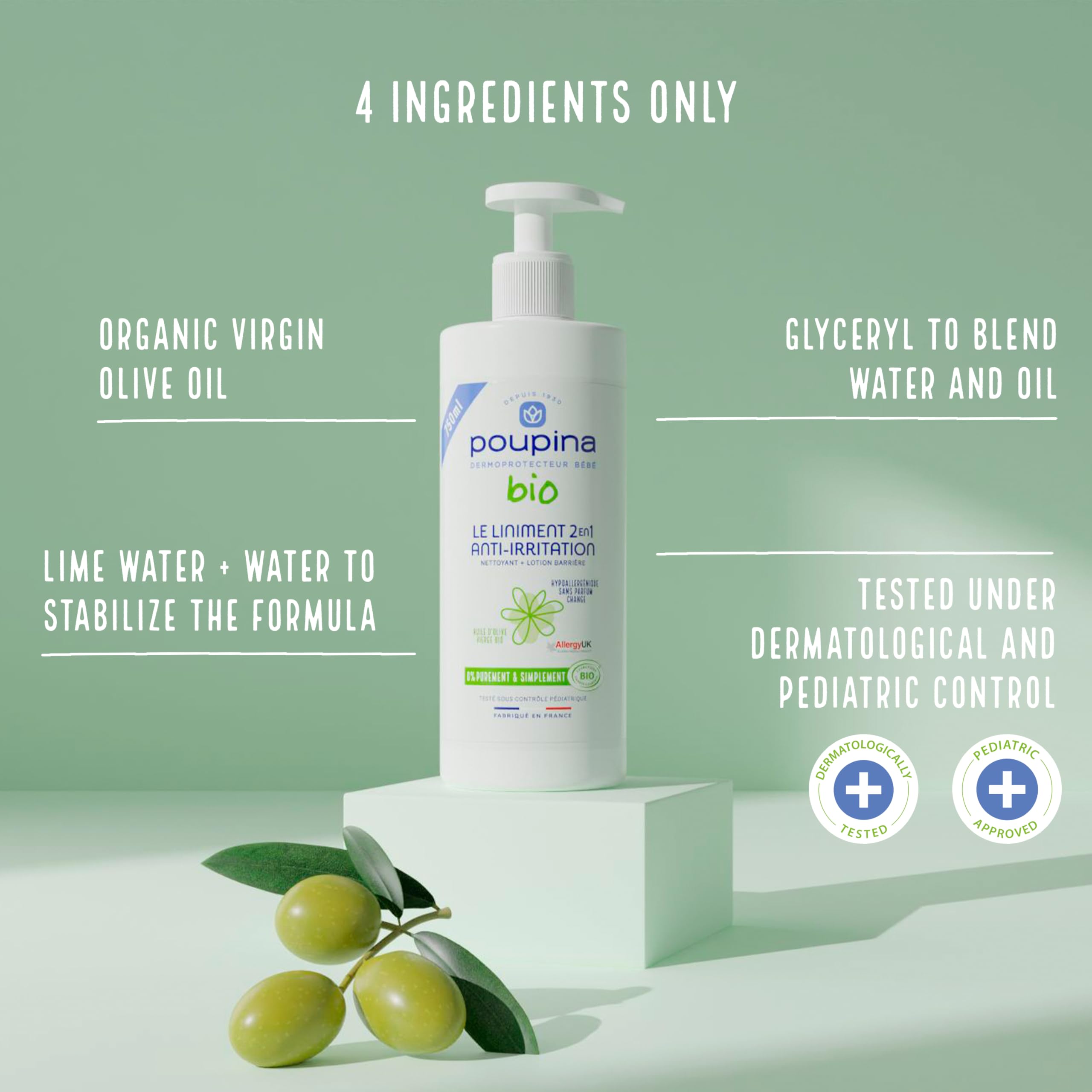 POUPINA - Orgánico certificado 2 en 1 Baby Liniment - Receta de aceite y cal - Limpiador + loción de barrera - Ingredientes 100% naturales - Vegano - Fabricado en Francia - 750 ml