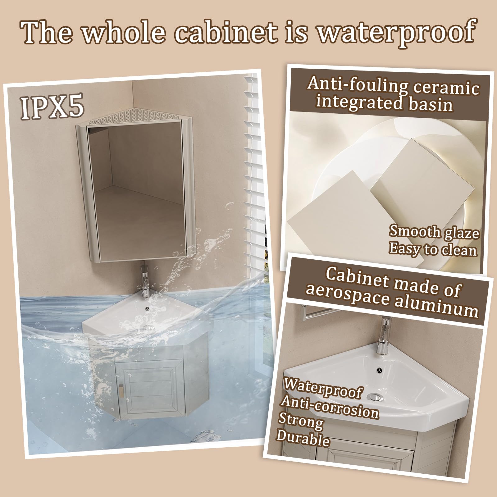 Lavabo Multiusos de Pared 43cm, Fregadero de Cocina Esquinero Colgado, Mueble Lavabo de Pared Todo en Uno - Uso en Baño, Cocina, Caravana o Taller con Armario y Grifo, Beige