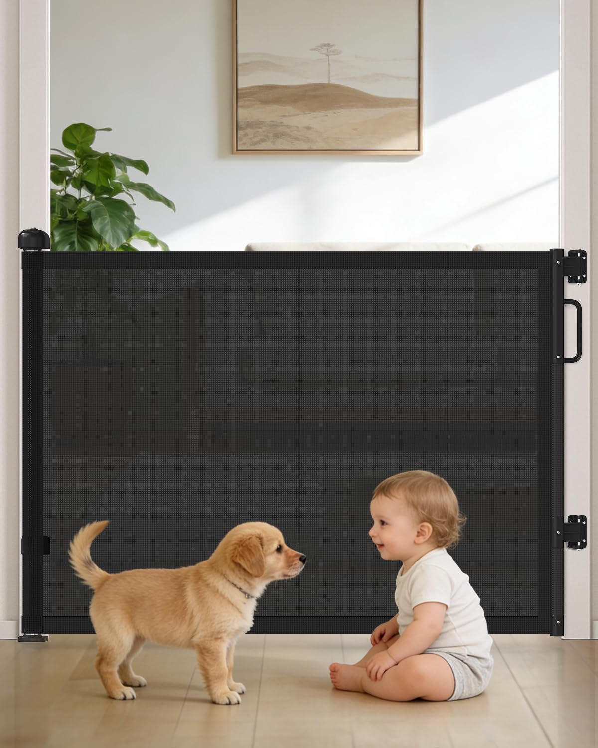 retractable baby gates for doorways, 58" extra wide mesh child dog gate for stairs, 34" tall toddler pet gate indoor and outdoor, easy install, essential for home safety, black
