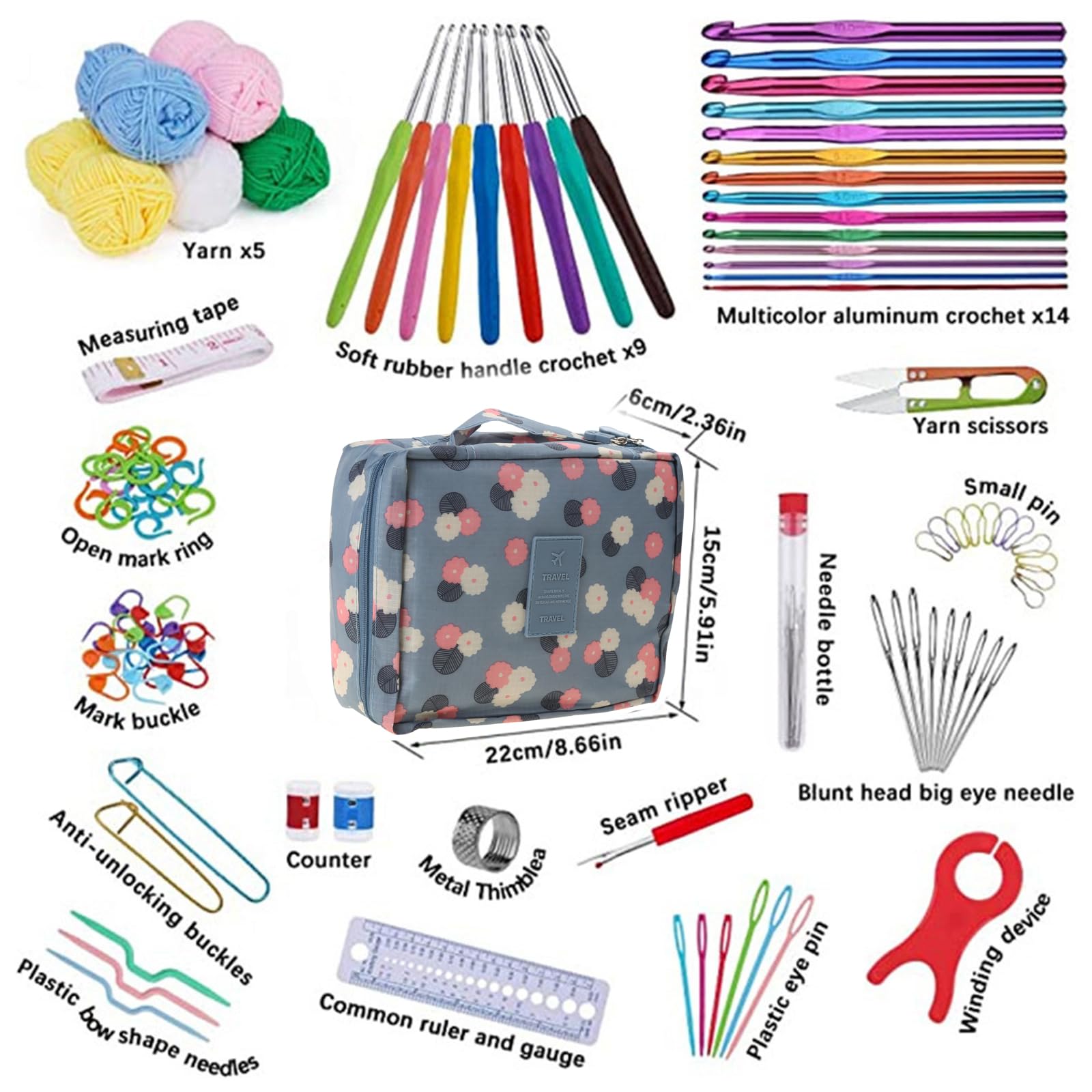 Ensemble de 107 crochets avec étui de rangement, accessoires de tricot, aiguille à crochet ergonomique pour la fabrication de sacs, gants, chaussettes, outils pour débutants, outils et accessoires de