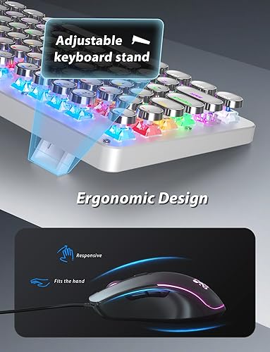 Miniatura 6 de Teclado mecánico y mouse para juegos de máquina de escribir, teclados retro de tamaño completo de 104 teclas, panel de metal, tecla redonda punk,