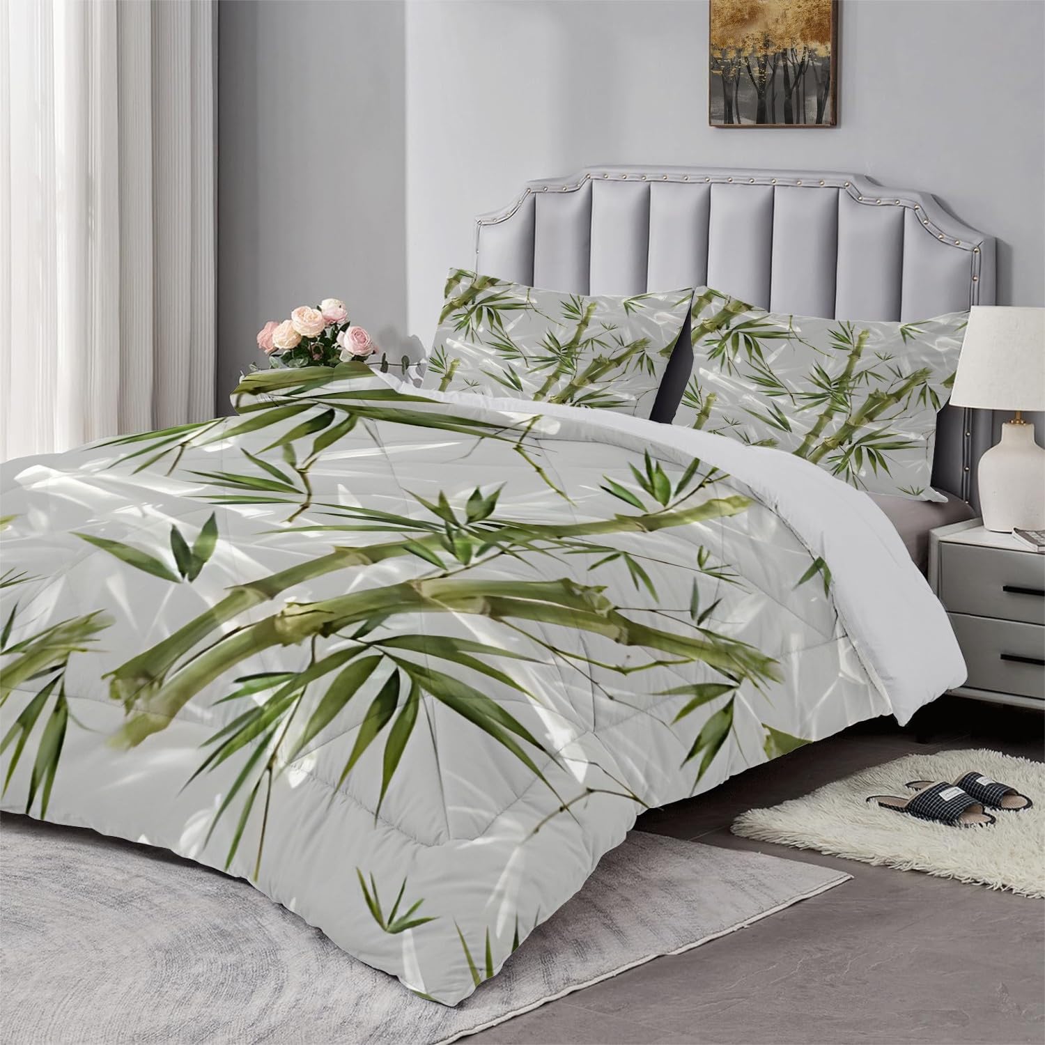 Qiwagu Grey Duvet Double, Coverless Duvet 7.5 Tog with Green Plants Pattern, Soft Lightweight Comforter Set for Spring Summer, 1 Quilt Double 200x200cm with 2 Pillowcases, Machine Washable, A1270