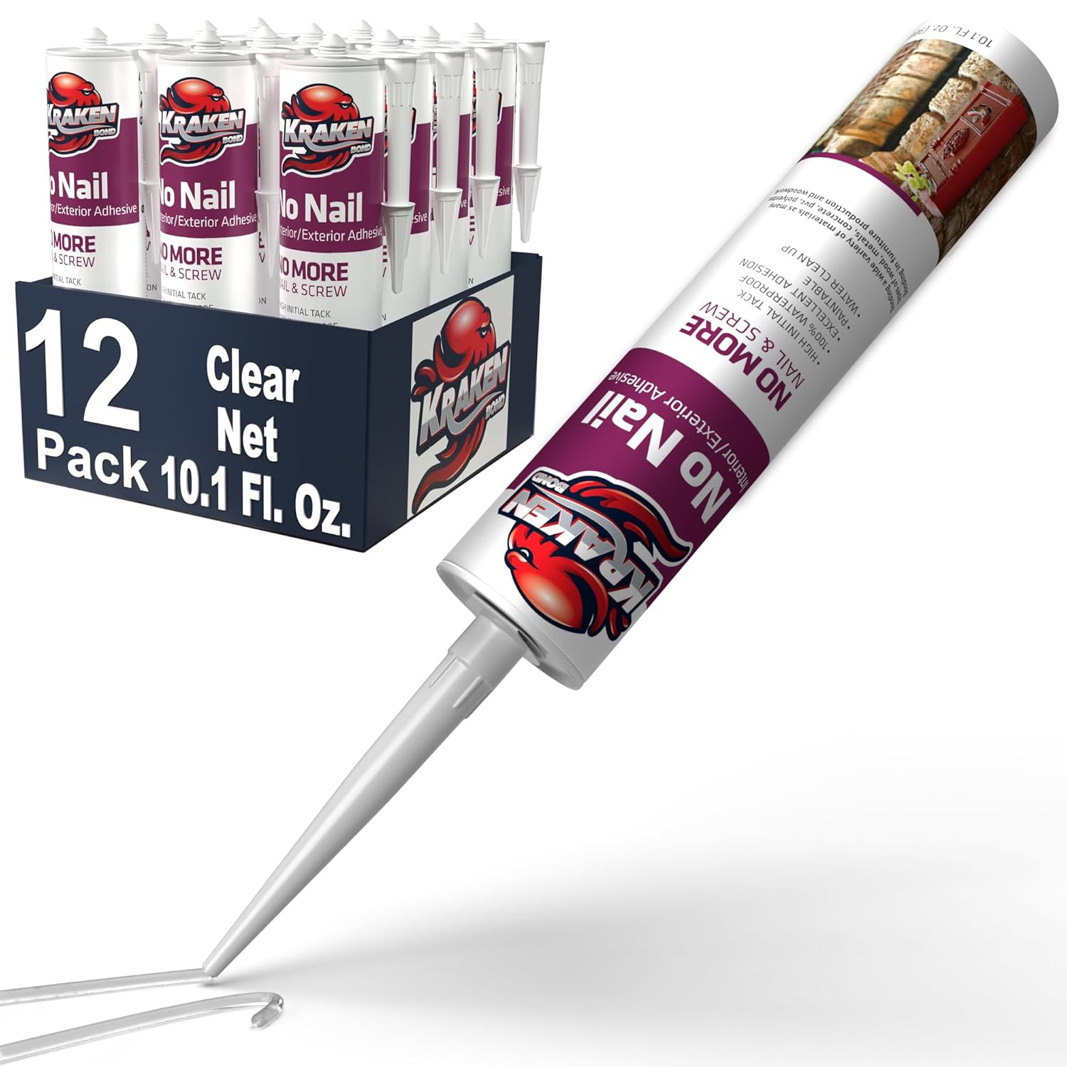 KRAKEN BOND No More Nails Clear Polyurethane Adhesive - 100% Waterproof (D4) and Sealant for Wood, Ceramic, Tile, Floor, Granite, Rubber | 12 Pack, 10.1 Fl. Oz.