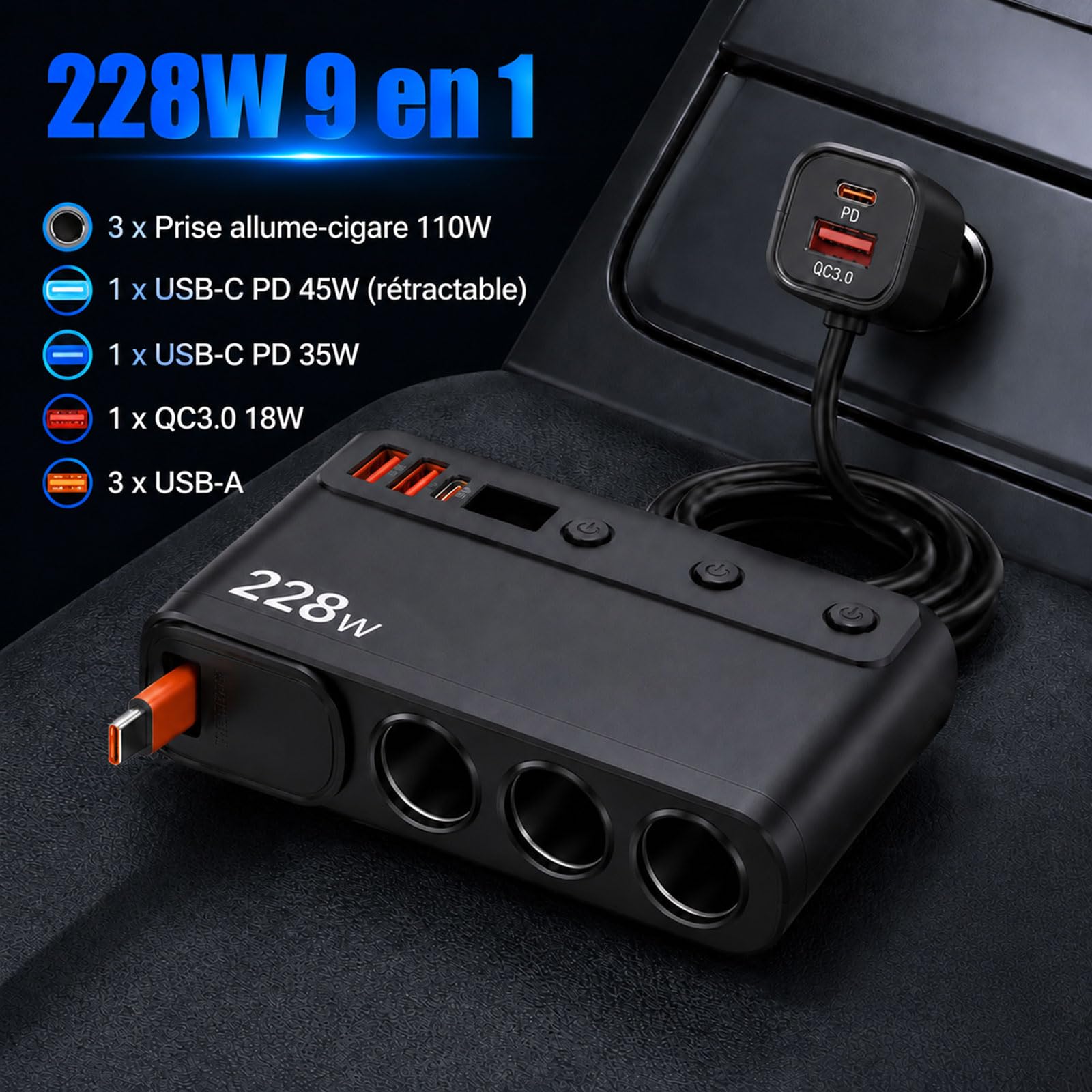 Cargador de coche USB-C PD45W, 9 en 1, 228 W, adaptador para