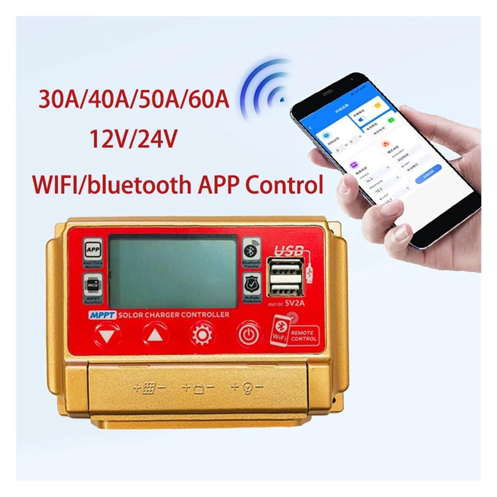 Alta Precisión Controlador de carga de Panel Solar MPPT 30A 40A 50A 60A 12V/24V LCD pantalla Digital Wifi controlador Solar USB Dual Ampliamente aplicable(40A)