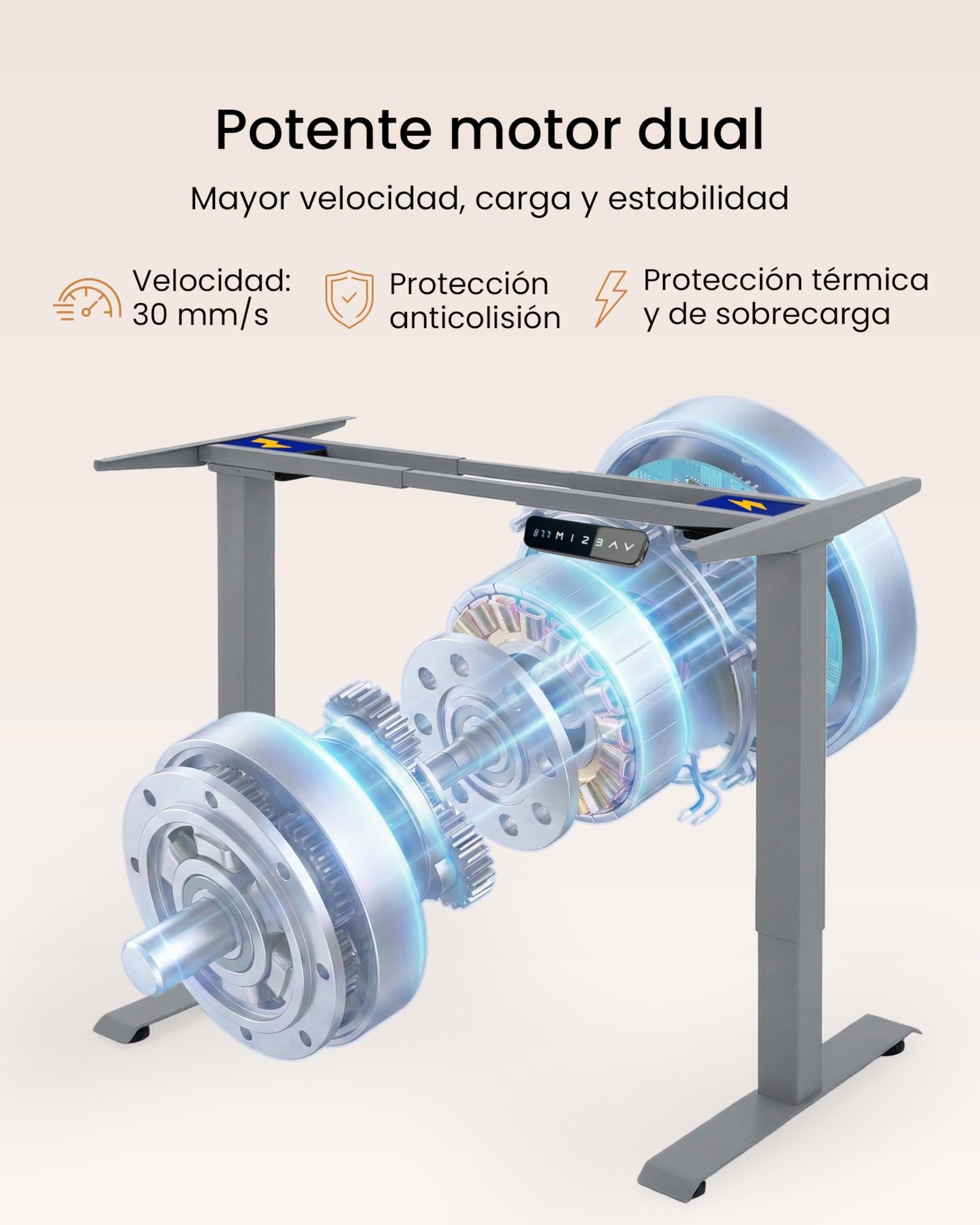 unycos - Escritorio Elevable Eléctrico con Tablero y Puertos USB 3.0, Mesa con Opciones de Altura, Doble Motor, Función Memoria/Anticolisión, 120 * 80 * 2.5cm (Gris/Madera, Core Dual)