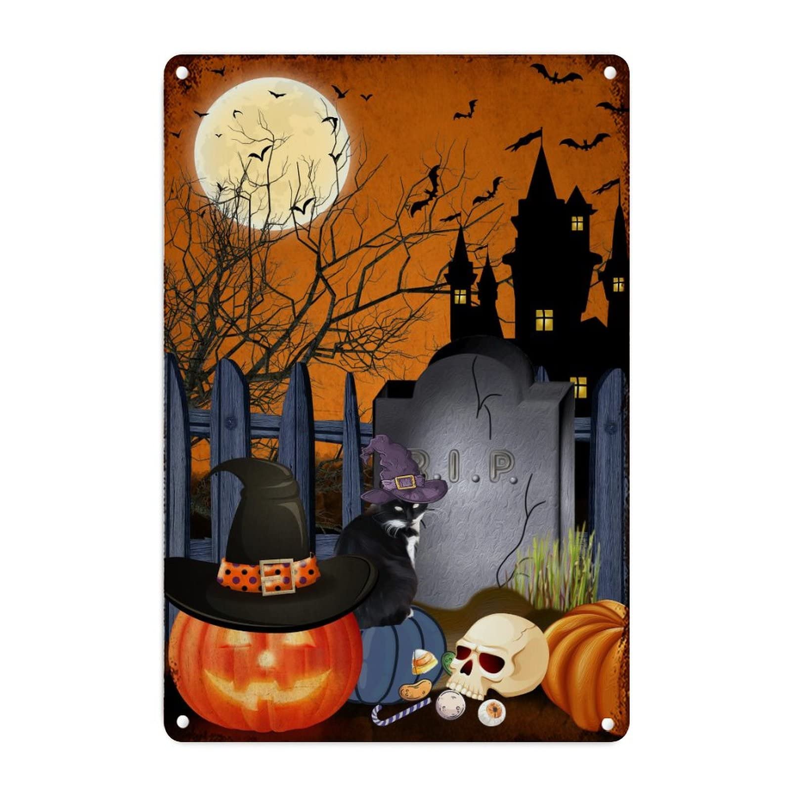 Plaque murale Halloween en métal avec sorcière et citrouille décorative